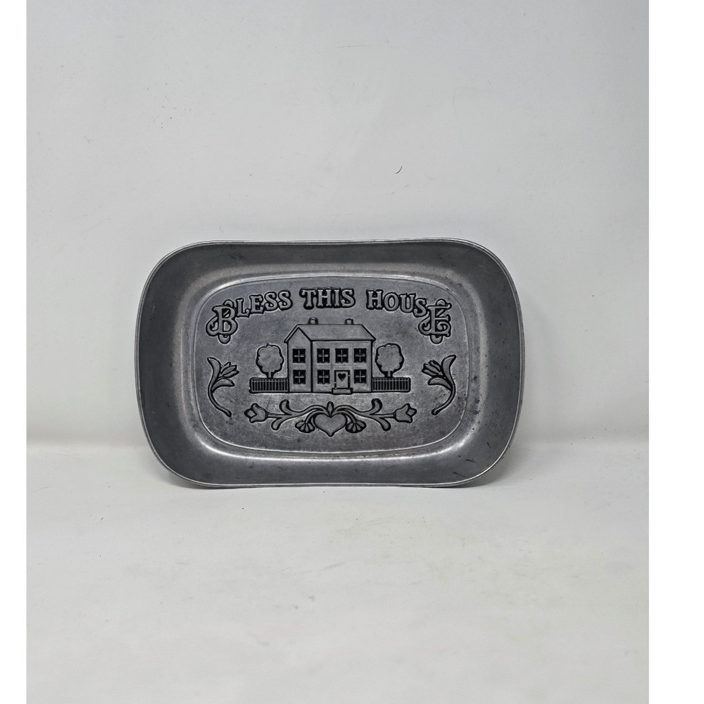 Vtg wilton armetale pewter metal bread tray USA bless‎ this house primitive